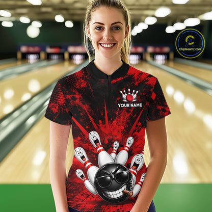 Custom Red Funny Bowling Ball Bowling Jerseys for Women With Team Name And Bowlers Name HNT567