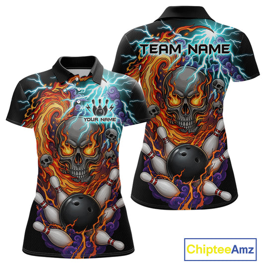 Front and back views of a black bowling polo featuring a flaming skull graphic, lightning effects, bowling pins, and a black bowling ball, with custom team and player name text.