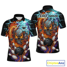 Load image into Gallery viewer, Front and back views of a black bowling polo featuring a flaming skull graphic, lightning effects, bowling pins, and a black bowling ball, with custom team and player name text.