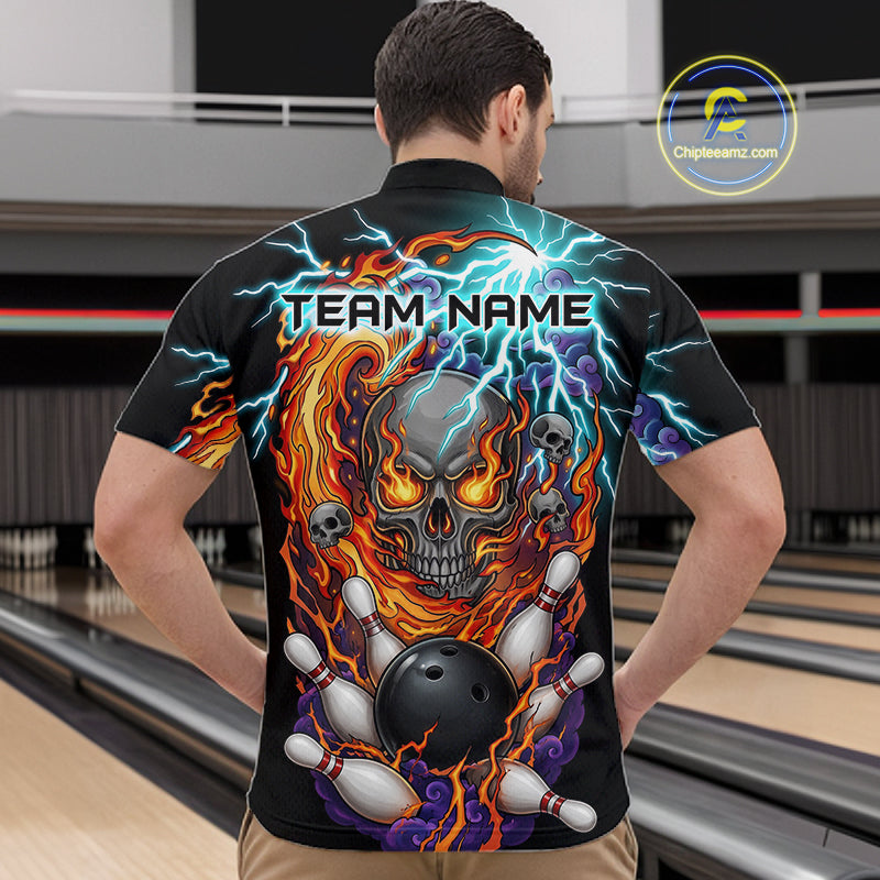 Man wearing a  black bowling quarter zip featuring a flaming skull graphic, lightning effects, bowling pins, and a black bowling ball, with custom player name text.
