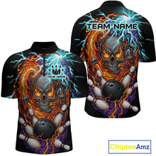 Load image into Gallery viewer, Front and back views of a black bowling quarter zip featuring a flaming skull graphic, lightning effects, bowling pins, and a black bowling ball, with custom team and player name text.
