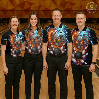 Four people wearing black bowling polo featuring a flaming skull graphic, lightning effects, bowling pins, and a black bowling ball, with custom name text.