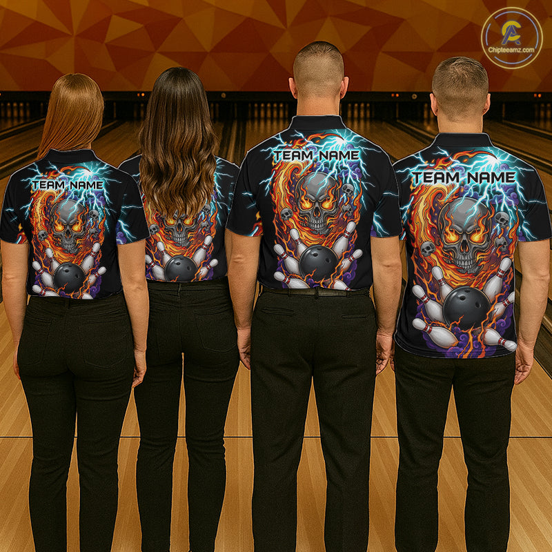 Four people wearing black bowling polo featuring a flaming skull graphic, lightning effects, bowling pins, and a black bowling ball, with custom team and player name text.