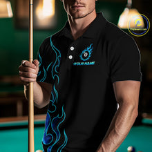 Load image into Gallery viewer, Men wearing billiards polo shirt featuring an eight ball design surrounded by flowing blue flame graphics on a black background.