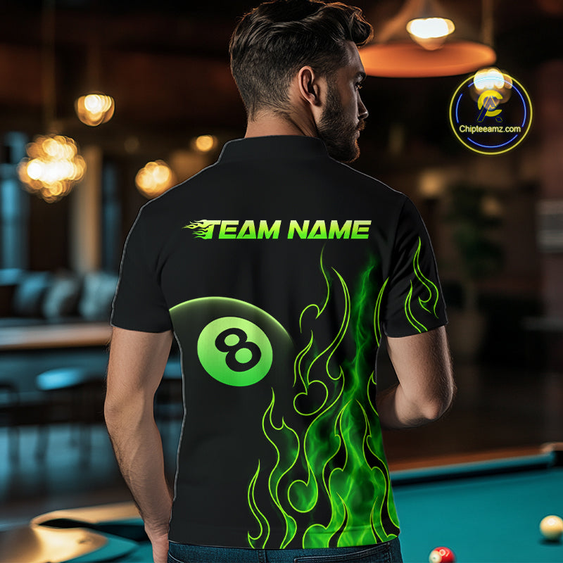 Men wearing billiards polo shirt featuring an eight ball design surrounded by flowing green flame graphics on a black background.
