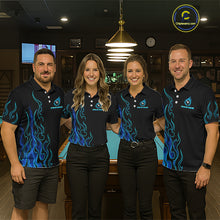 Load image into Gallery viewer, Four people wearing billiards polo shirt featuring an eight ball design surrounded by flowing blue flame graphics on a black background.