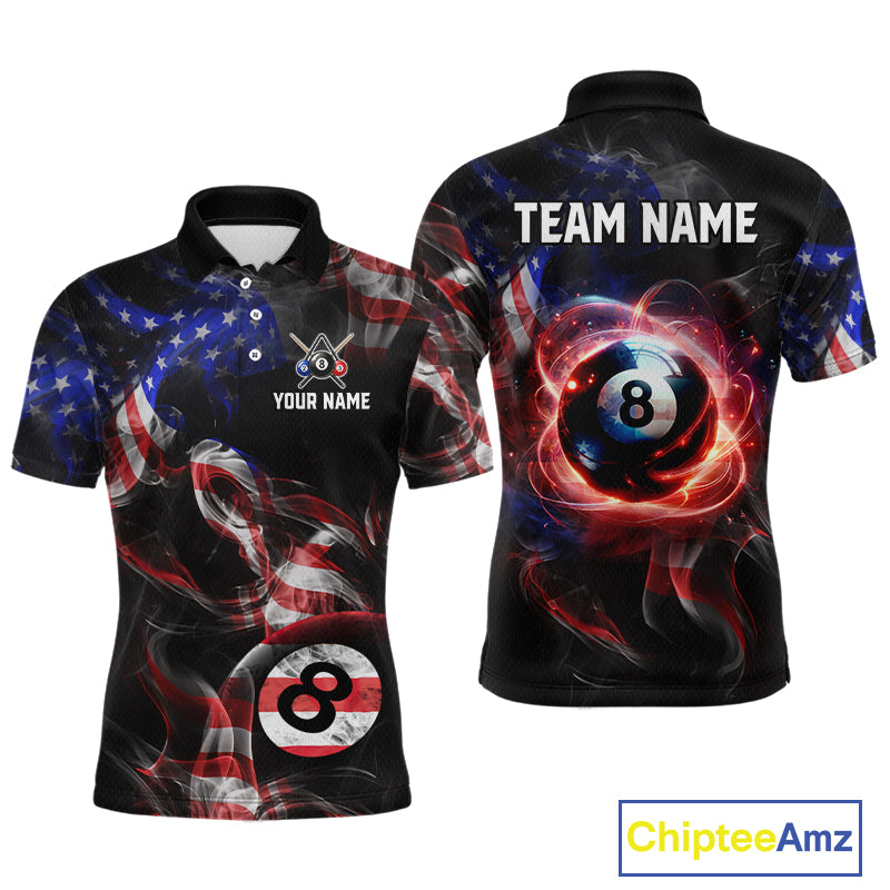 Front and back view personalized billiards polo shirt with an eight ball design connected by american flag smoke patterns across a black layout.