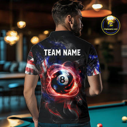 Men wearing personalized billiards polo shirt with an eight ball design connected by american flag smoke patterns across a black layout.