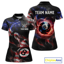 Load image into Gallery viewer, Front and back view personalized billiards polo shirt with an eight ball design connected by american flag smoke patterns across a black layout.