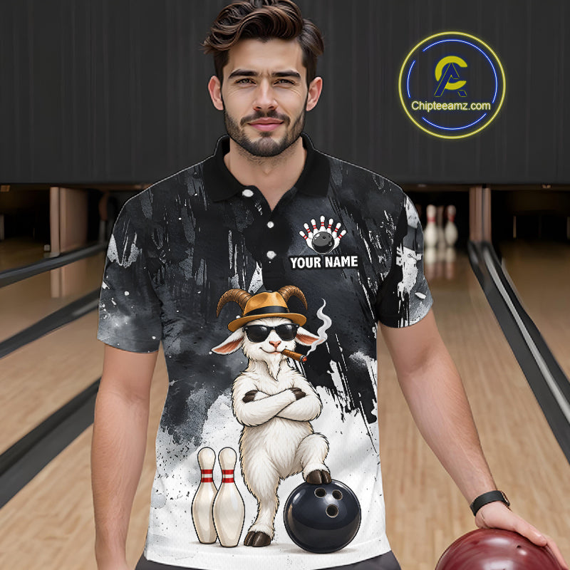 Black Funny Goat Bowling Team Shirts for Men Custom Bowling Gifts for Bowler Polo & 1/4 Zip HNT569