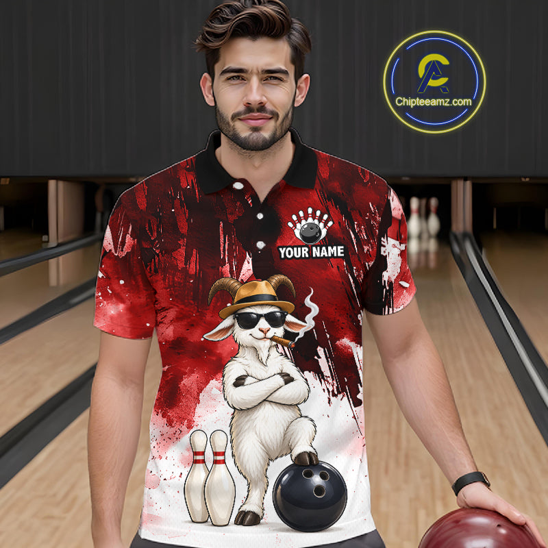 Red Funny Goat Bowling Team Shirts for Men Custom Bowling Gifts for Bowler Polo & 1/4 Zip HNT569