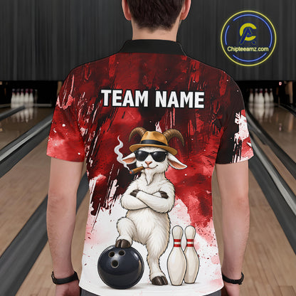 Red Funny Goat Bowling Team Shirts for Men Custom Bowling Gifts for Bowler Polo & 1/4 Zip HNT569