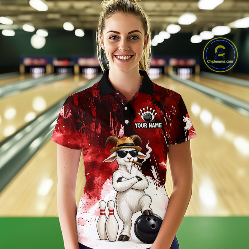 Red Funny Goat Bowling Team Shirts for Women Custom Bowling Gifts for Bowler Polo & 1/4 Zip HNT569