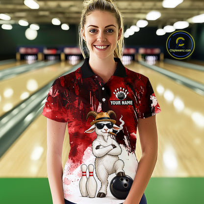 Red Funny Goat Bowling Team Shirts for Women Custom Bowling Gifts for Bowler Polo & 1/4 Zip HNT569