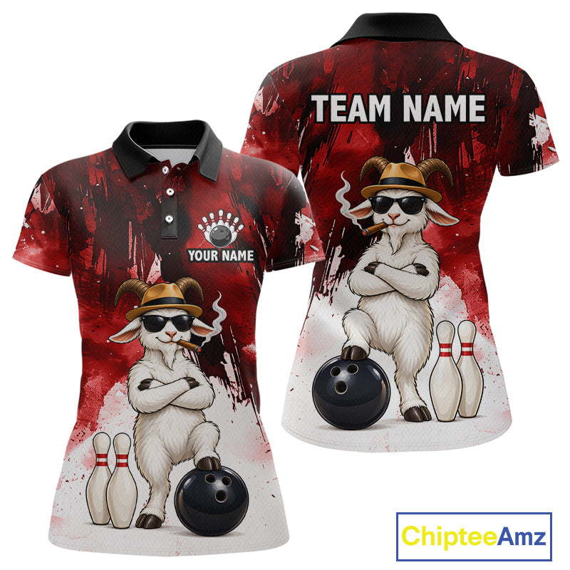 Red Funny Goat Bowling Team Shirts for Women Custom Bowling Gifts for Bowler Polo & 1/4 Zip HNT569