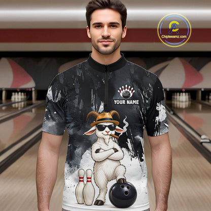 Black Funny Goat Bowling Team Shirts for Men Custom Bowling Gifts for Bowler Polo & 1/4 Zip HNT569