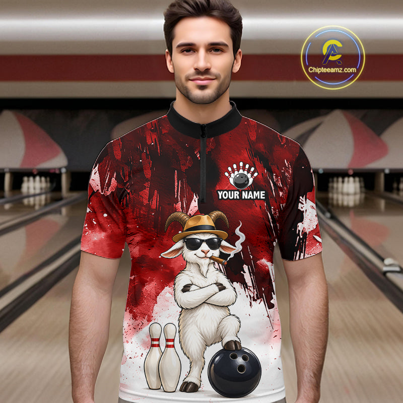 Red Funny Goat Bowling Team Shirts for Men Custom Bowling Gifts for Bowler Polo & 1/4 Zip HNT569