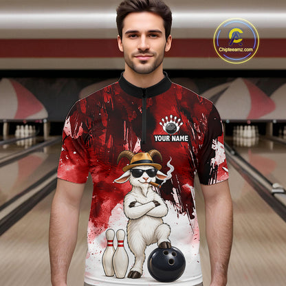 Red Funny Goat Bowling Team Shirts for Men Custom Bowling Gifts for Bowler Polo & 1/4 Zip HNT569