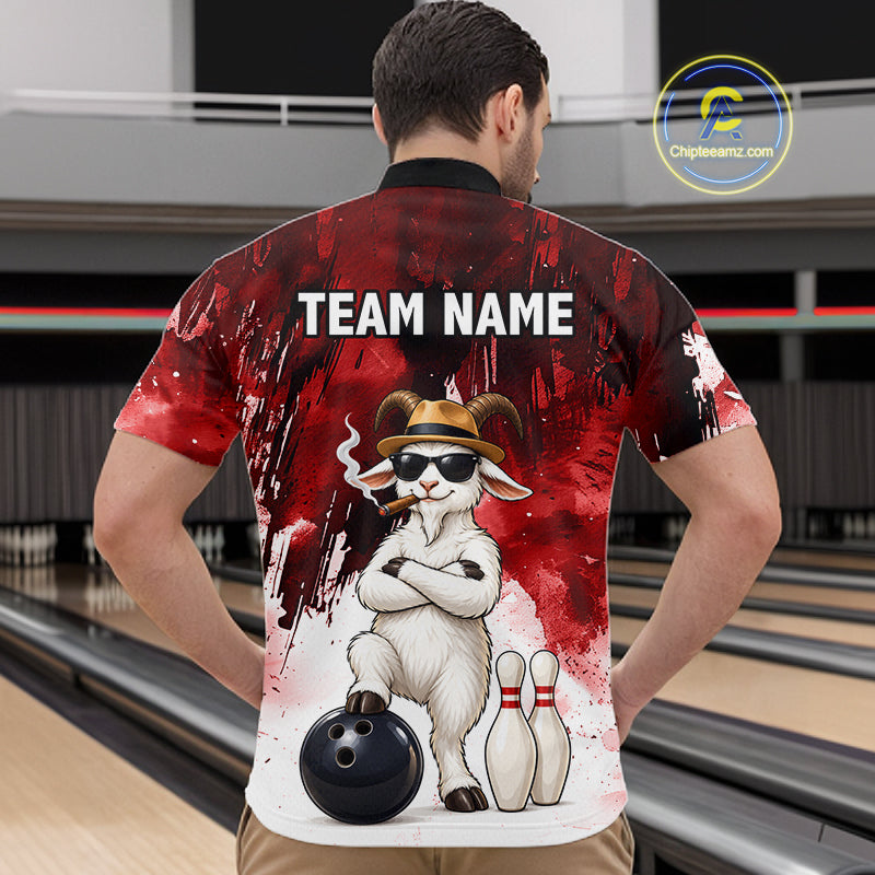 Red Funny Goat Bowling Team Shirts for Men Custom Bowling Gifts for Bowler Polo & 1/4 Zip HNT569