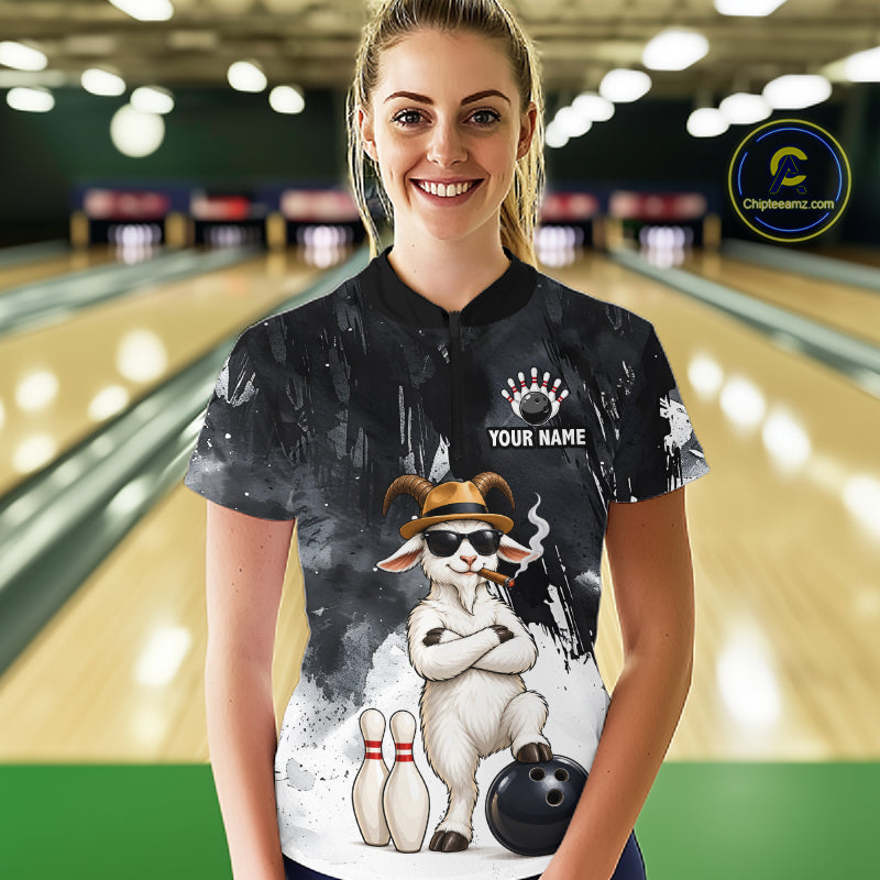 Black Funny Goat Bowling Team Shirts for Women Custom Bowling Gifts for Bowler Polo & 1/4 Zip HNT569