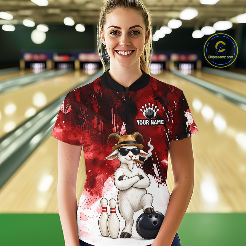 Red Funny Goat Bowling Team Shirts for Women Custom Bowling Gifts for Bowler Polo & 1/4 Zip HNT569