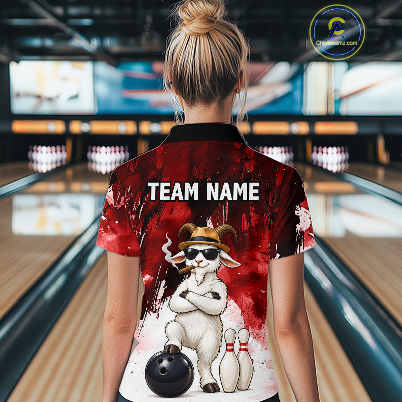 Red Funny Goat Bowling Team Shirts for Women Custom Bowling Gifts for Bowler Polo & 1/4 Zip HNT569