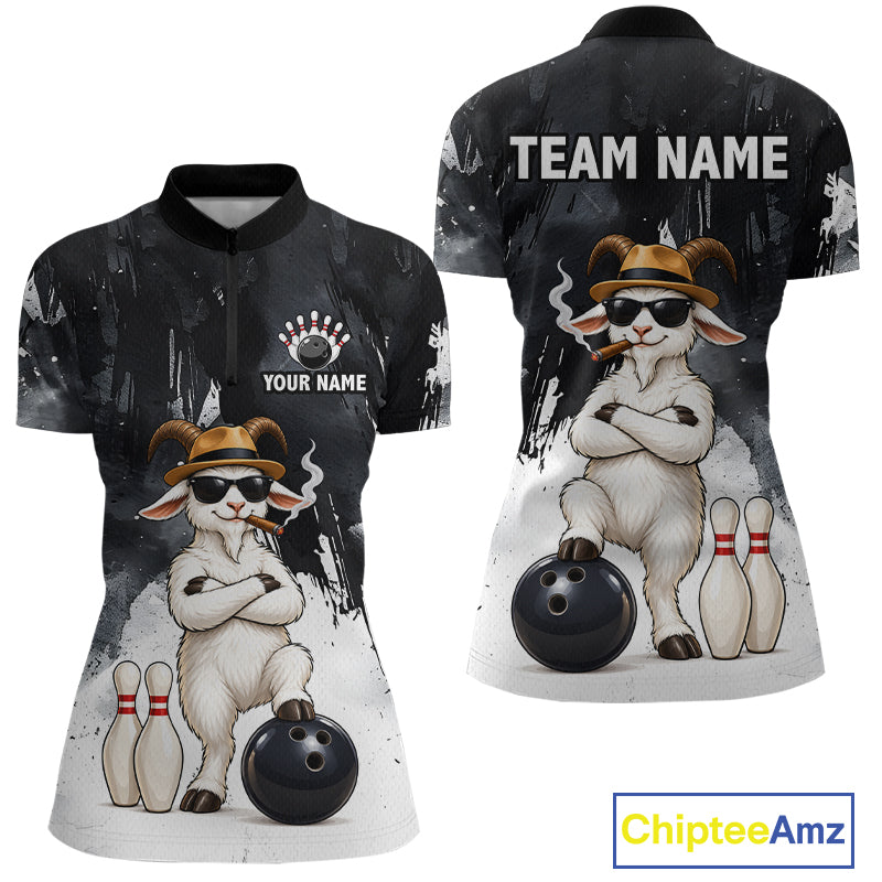 Black Funny Goat Bowling Team Shirts for Women Custom Bowling Gifts for Bowler Polo & 1/4 Zip HNT569