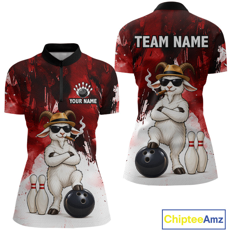 Red Funny Goat Bowling Team Shirts for Women Custom Bowling Gifts for Bowler Polo & 1/4 Zip HNT569