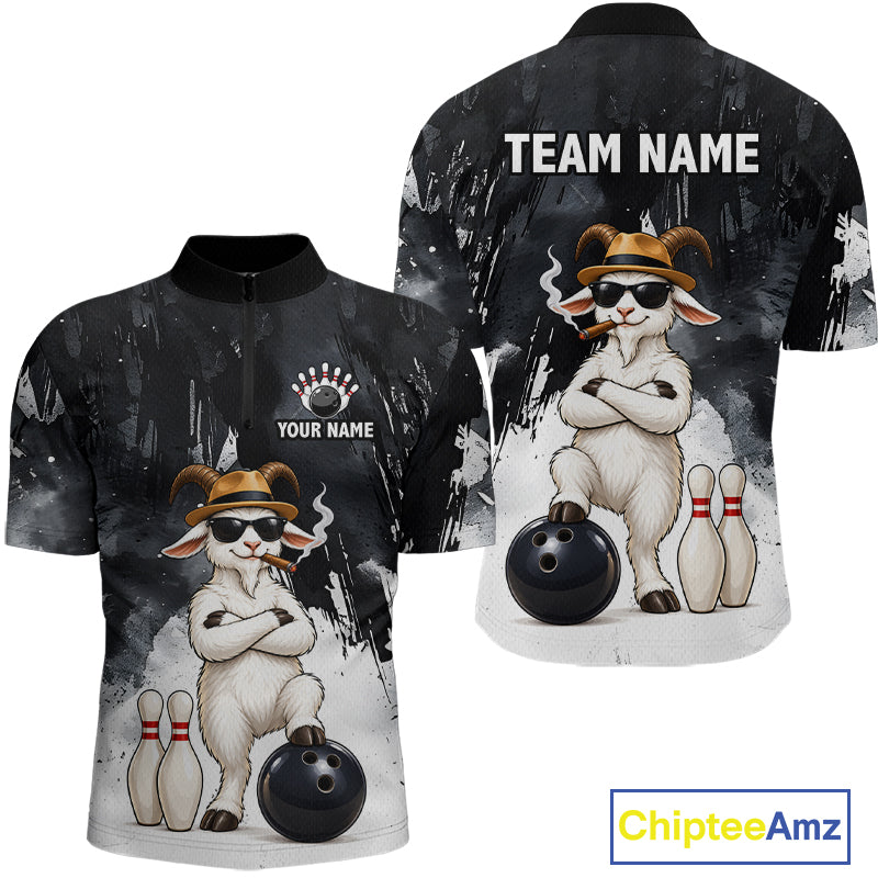 Black Funny Goat Bowling Team Shirts for Men Custom Bowling Gifts for Bowler Polo & 1/4 Zip HNT569