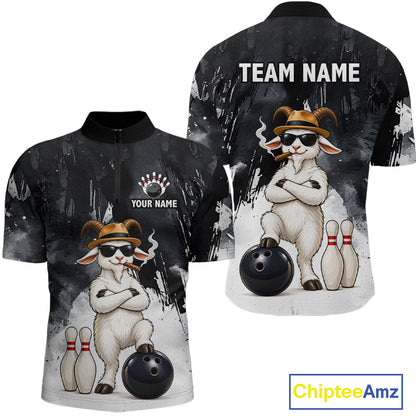 Black Funny Goat Bowling Team Shirts for Men Custom Bowling Gifts for Bowler Polo & 1/4 Zip HNT569