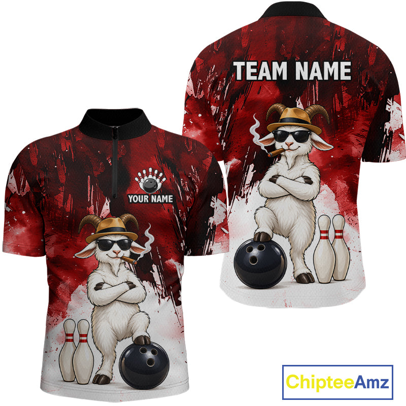 Red Funny Goat Bowling Team Shirts for Men Custom Bowling Gifts for Bowler Polo & 1/4 Zip HNT569