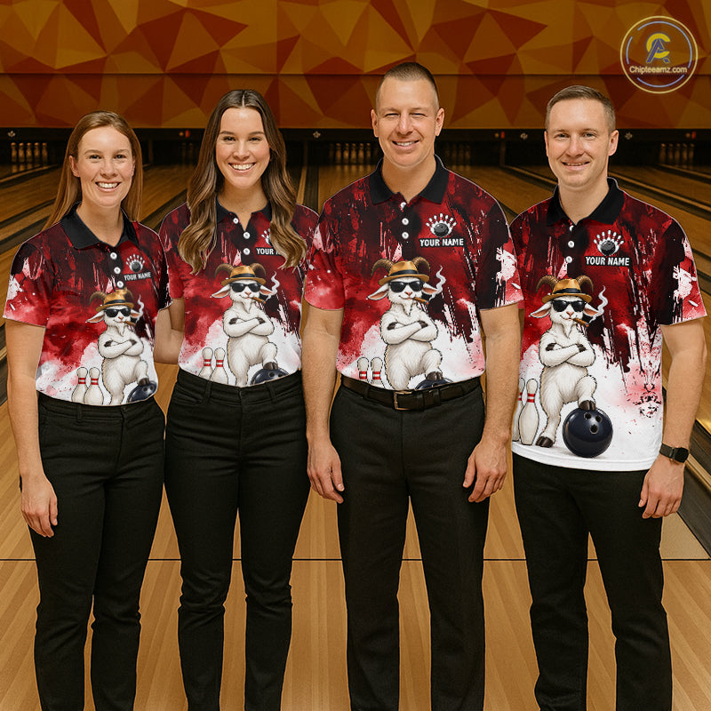 Red Funny Goat Bowling Team Shirts for Women Custom Bowling Gifts for Bowler Polo & 1/4 Zip HNT569