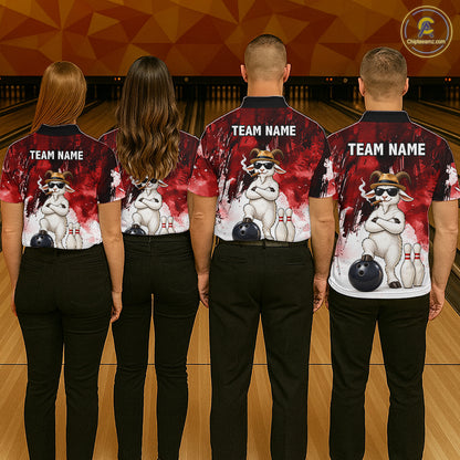 Red Funny Goat Bowling Team Shirts for Men Custom Bowling Gifts for Bowler Polo & 1/4 Zip HNT569