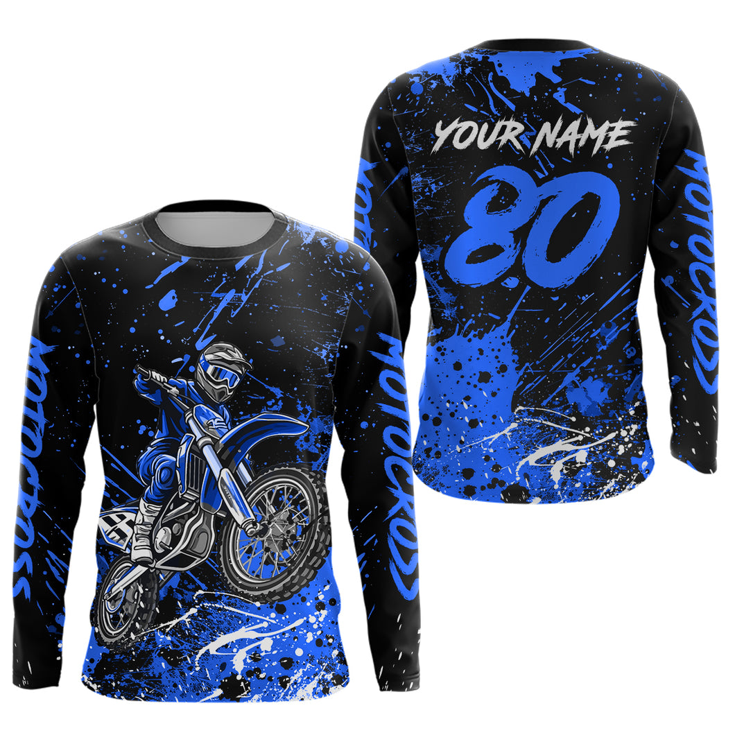 Personalized Blue Youth Motocross Shirts Off-Road Dirt Bike Jersey Kid Men Women UPF30+ DNT17