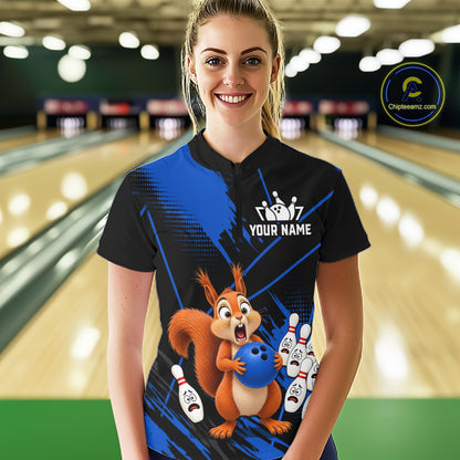 Custom Blue Squirrel Bowling Jersey for Women Bowling Team Shirts Bowling Polo & 1/4 Zip HNT301