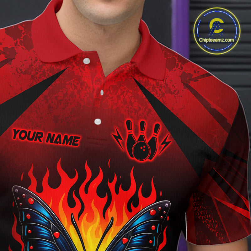 Red and black polo shirt with graphic designs and 'Your Name' text, brand logo visible.