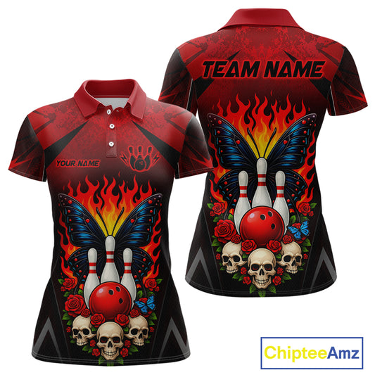 Front and back views of a red and black bowling polo shirt featuring flaming bowling pins, a red bowling ball, a blue butterfly, roses, skulls, and custom team and player name text.