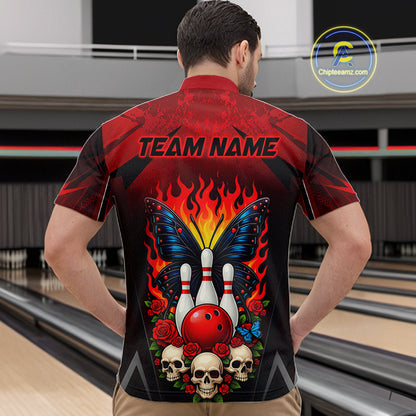 Man wearing a red and black bowling quarter zip shirt featuring flaming bowling pins, a red bowling ball, a blue butterfly, roses, skulls, and custom team name text.