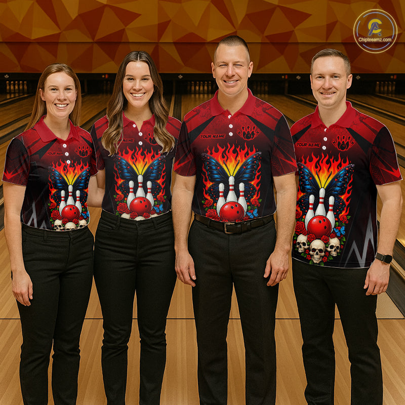 Four people wearing red and black bowling quarter zip shirt featuring flaming bowling pins, a red bowling ball, a blue butterfly, roses, skulls, and custom player name text.