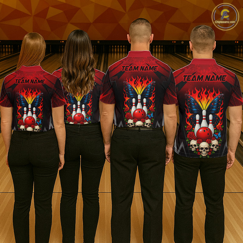 Four people wearing red and black bowling quarter zip shirt featuring flaming bowling pins, a red bowling ball, a blue butterfly, roses, skulls, and custom team name text.