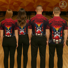 Load image into Gallery viewer, Four people wearing red and black bowling quarter zip shirt featuring flaming bowling pins, a red bowling ball, a blue butterfly, roses, skulls, and custom team name text.