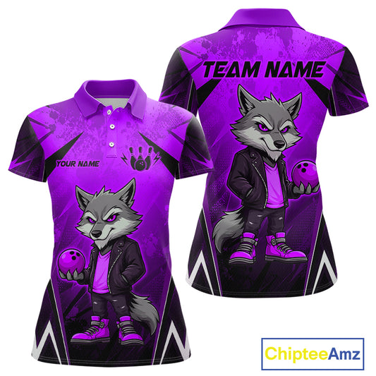 Front and back views of a purple and black bowling polo shirt featuring a gray wolf mascot holding a purple bowling ball, with custom team and player name text.