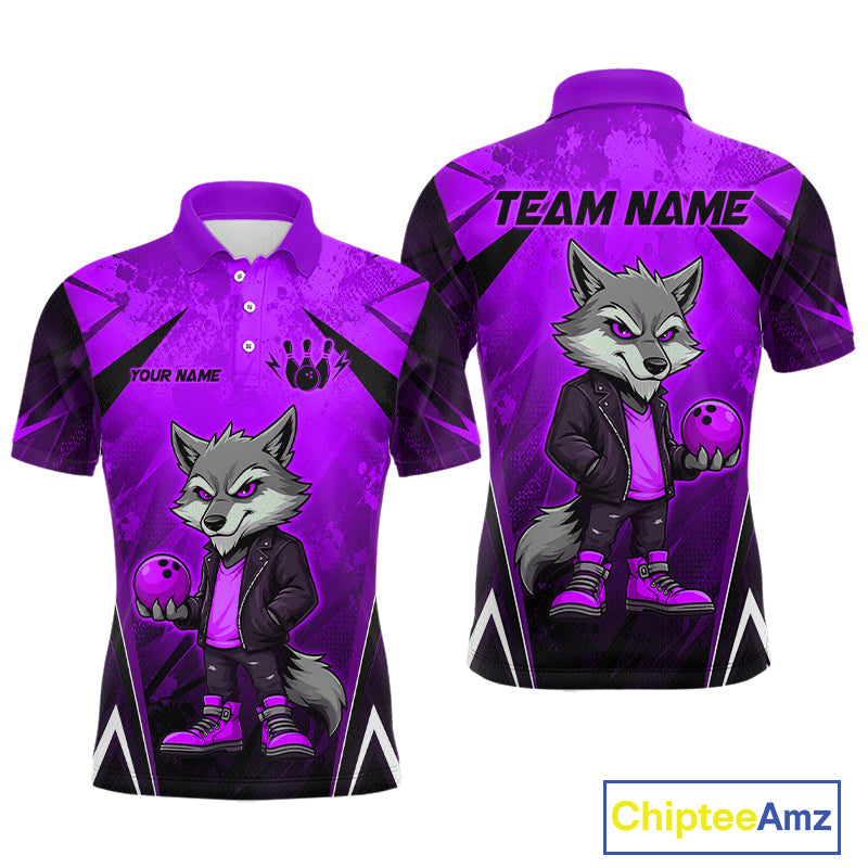 Front and back views of a purple and black bowling polo shirt featuring a gray wolf mascot holding a purple bowling ball, with custom team and player name text.