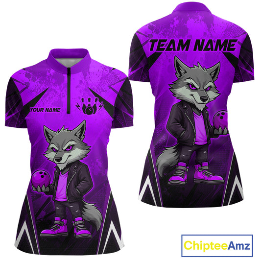 Front and back views of a purple and black bowling quarter zip shirt featuring a gray wolf mascot holding a purple bowling ball, with custom team and player name text.