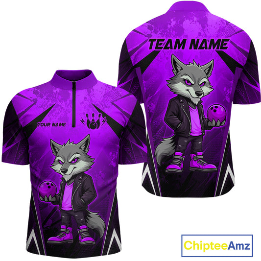 Front and back views of a purple and black bowling quarter zip shirt featuring a gray wolf mascot holding a purple bowling ball, with custom team and player name text.