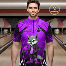 Load image into Gallery viewer, Man wearing a purple and black bowling quarter zip shirt featuring a gray wolf mascot holding a purple bowling ball, with custom player name text.