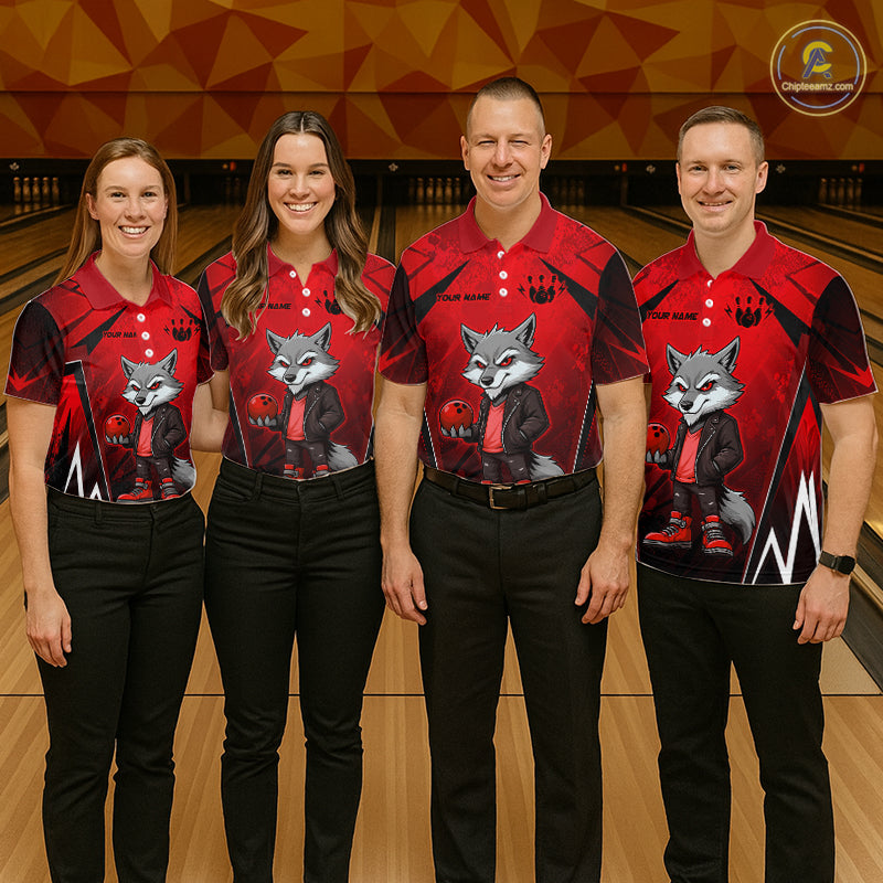 Four people wearing red and black bowling polo shirt featuring a gray wolf mascot holding a red bowling ball, with custom player name text.