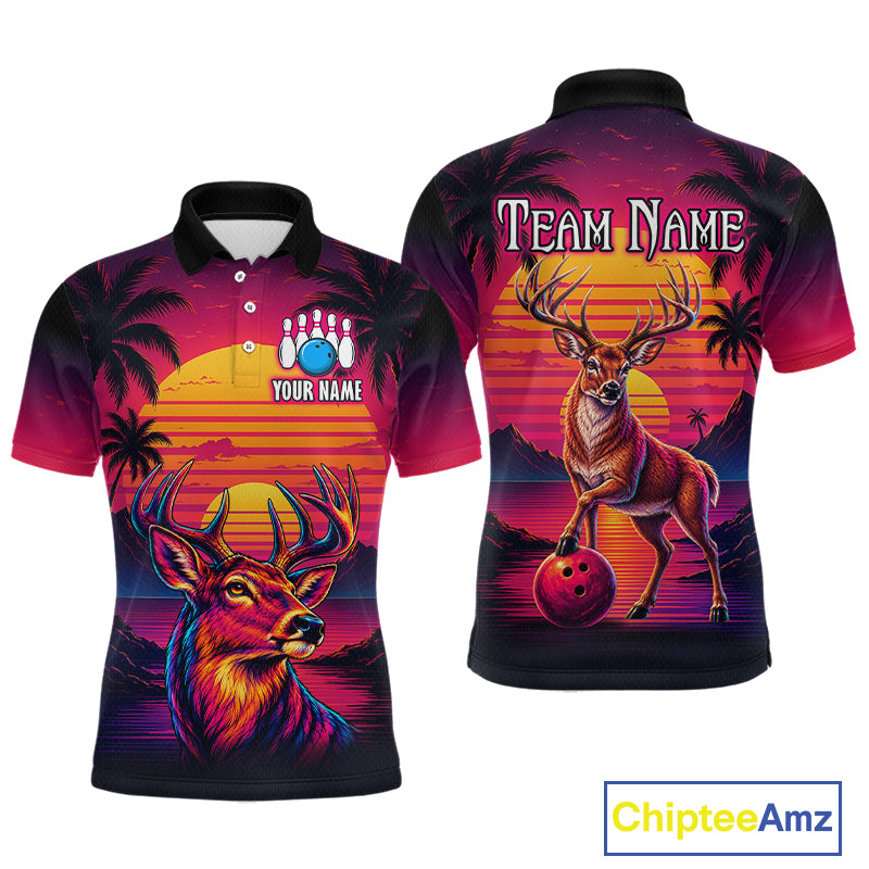 Custom Deer Neon Sunset Bowling Team Shirts for Men Bowling Outfit Polo & 1/4 Zip HNT572