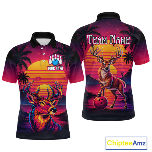 Custom Deer Neon Sunset Bowling Team Shirts for Men Bowling Outfit Polo & 1/4 Zip HNT572