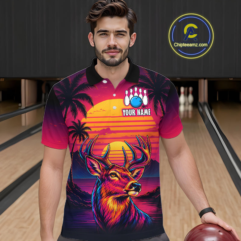 Custom Deer Neon Sunset Bowling Team Shirts for Men Bowling Outfit Polo & 1/4 Zip HNT572